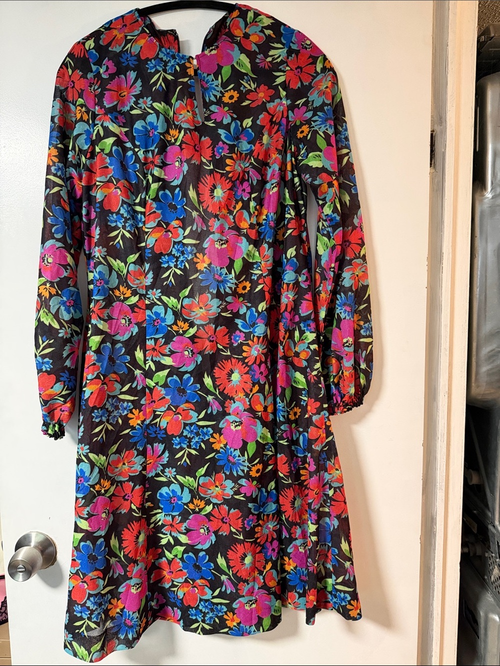 Handmade Floral Long Sleeve Fit & Flare Dress - Black Multi